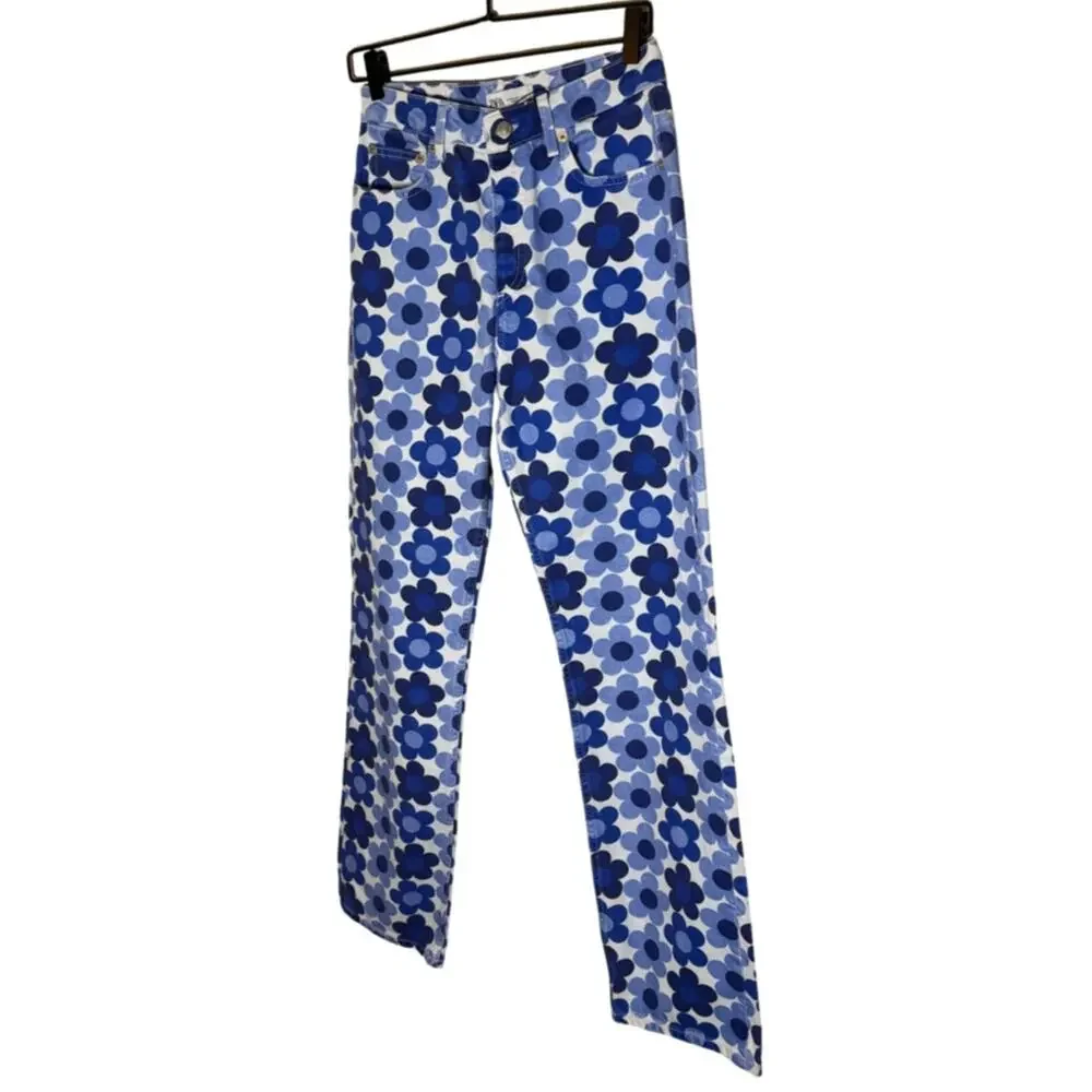 Zara Blue Floral Print Wide Leg Jeans Y2K Retro Cotton Denim 4